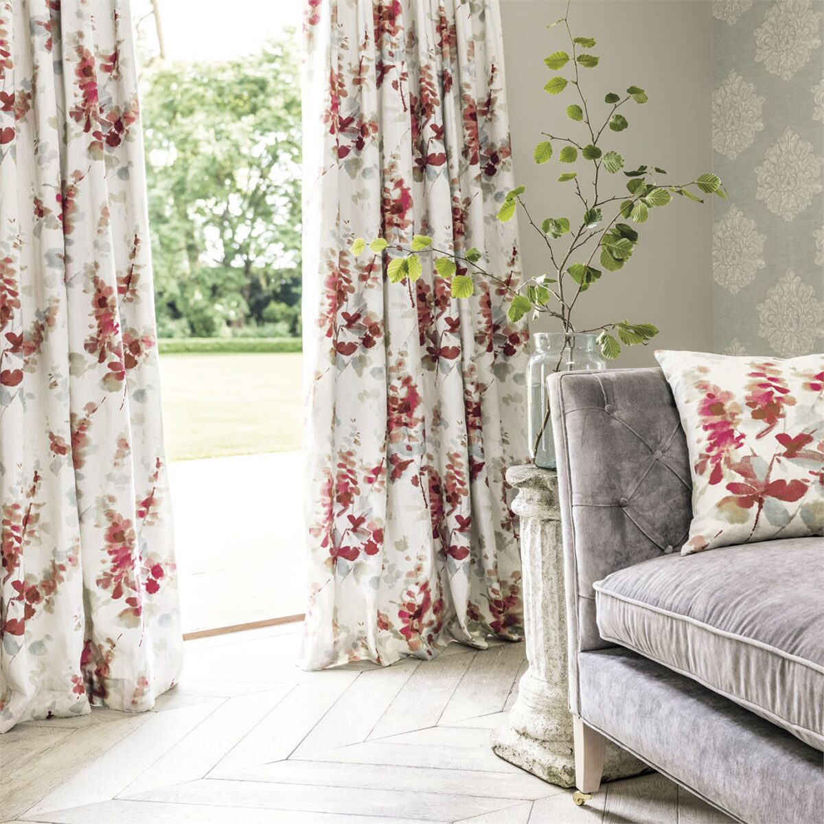 Delphiniums Fabric - Coral by Delphiniums Fabric - Coral from
