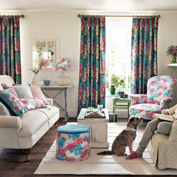 Hollyhocks Fabric - Petrol Blue / Multi by Hollyhocks Fabric - Petrol Blue / Multi from