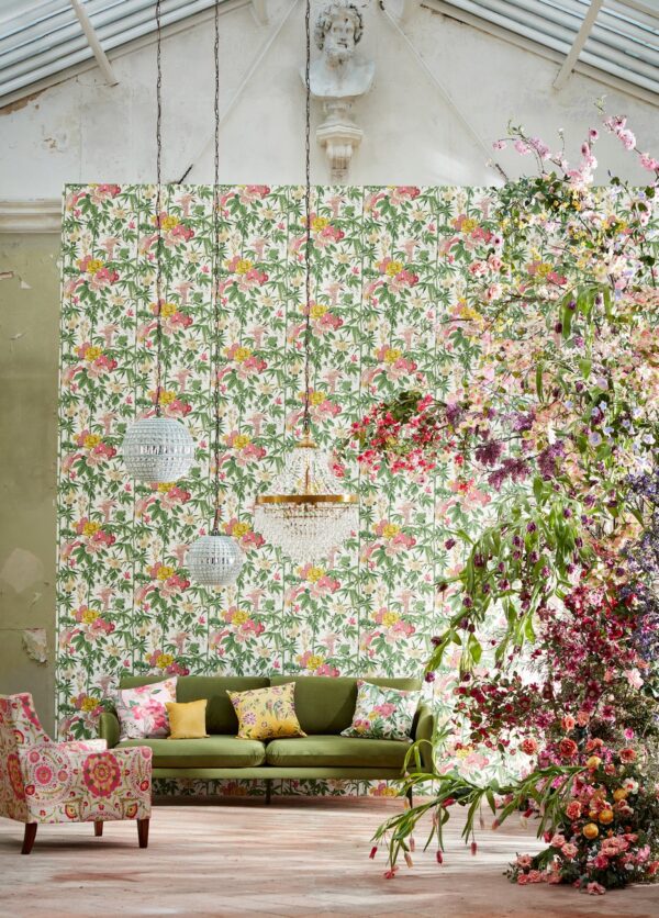 Bamboo & Bird Fabric - Scallion Green / Fushia from