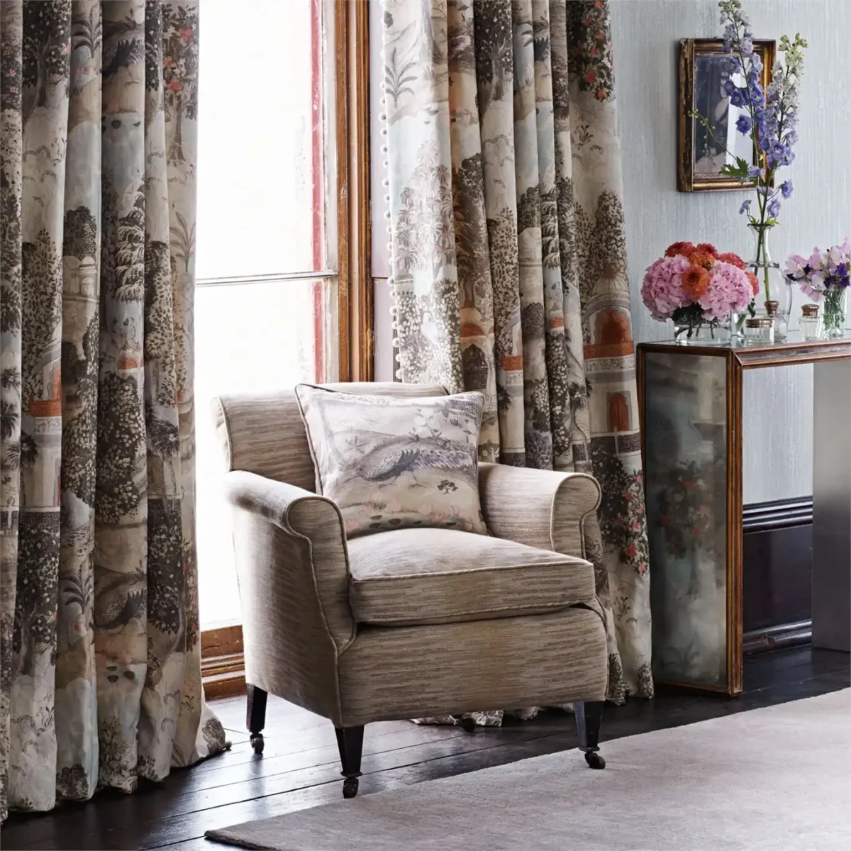 Peacock Garden Fabric - Linen / Silver by Peacock Garden Fabric - Linen / Silver from