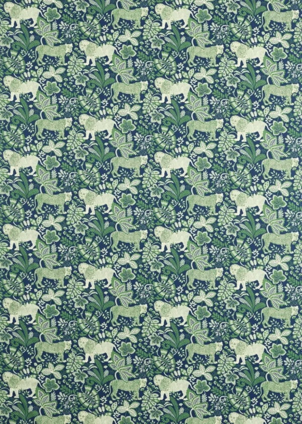 Rumble in the Jungle Fabric - Midnight / Mint Leaf by green animal printed fabric from Scion