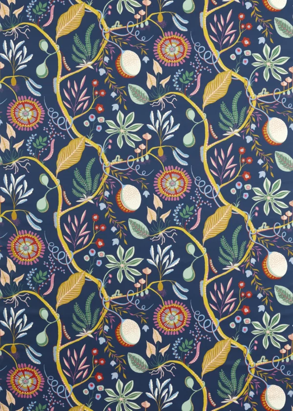 Jackfruit And The Beanstalk Fabric - Midnight by blue botanical printed fabric from Scion