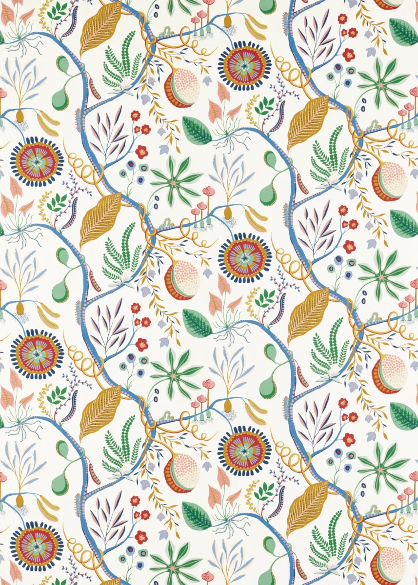 Jackfruit And The Beanstalk Fabric - Popsicle by multicolour botanical printed fabric from Scion