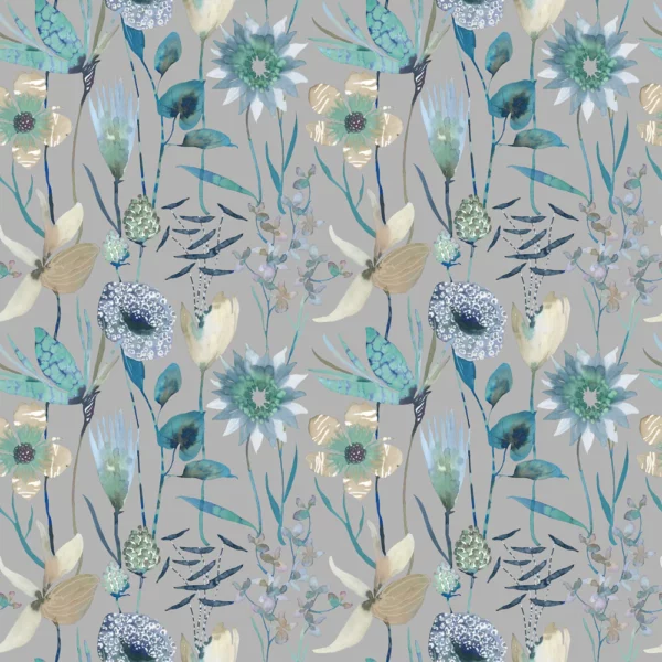 Oceania Fabric - Mineral by black-grey botanical cotton fabric from Voyage Maison