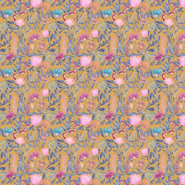 Fortazela Fabric - Gold by blue botanical cotton fabric from Voyage Maison