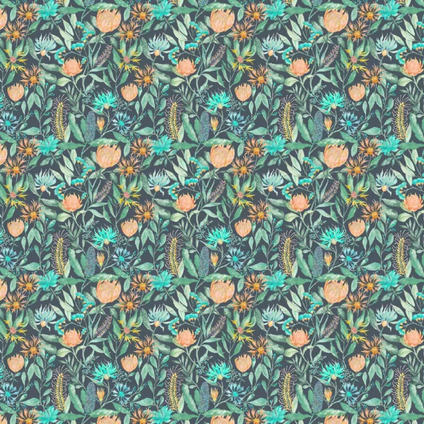 Fortazela Fabric - Sapphire by blue botanical cotton fabric from Voyage Maison