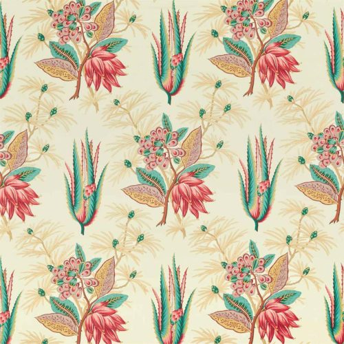 Desert Flower II Fabric - Crimson / Teal by green botanical cotton fabric from Zoffany