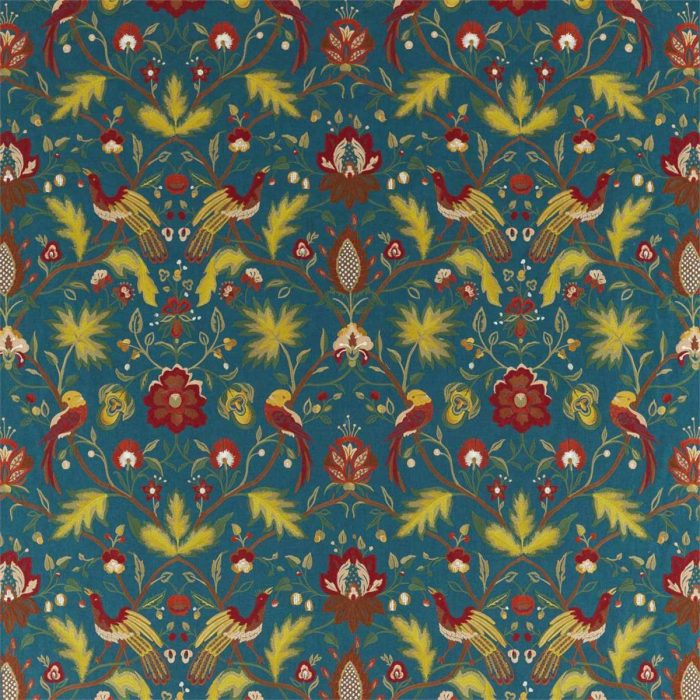 Oiseaux de Paradis Embroidery Fabric - Prussian Blue swatch