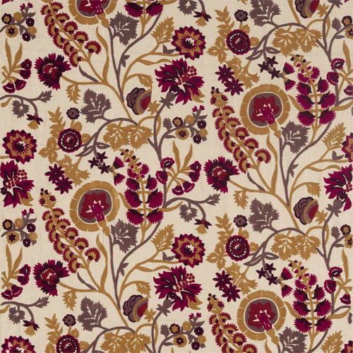 Hardwick Crewel Fabric - Antique Gold / Cinnabar by multicolour botanical embroideried fabric from Zoffany