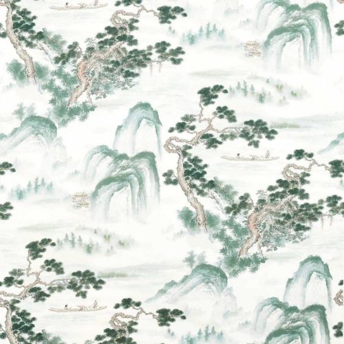 Floating Mountains Fabric - Mineral by green botanical cotton fabric from Zoffany