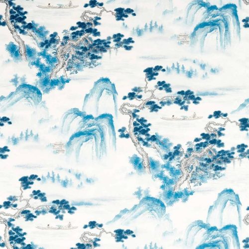Floating Mountains Fabric - Indigo by blue botanical cotton fabric from Zoffany
