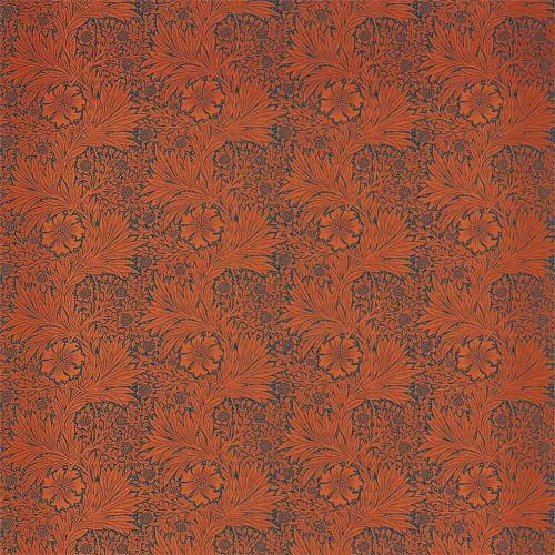 Marigold Fabric - Navy / Burnt Orange by orange botanical linen fabric from William Morris & Co