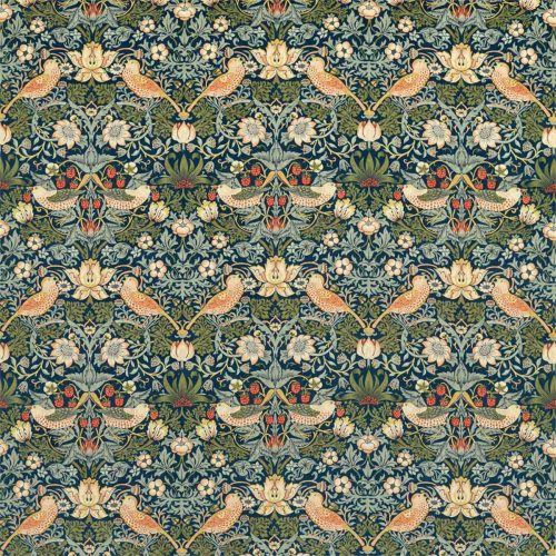Strawberry Thief Velvet Fabric - Indigo / Thyme by multicolour botanical velvet-chenille fabric from William Morris & Co
