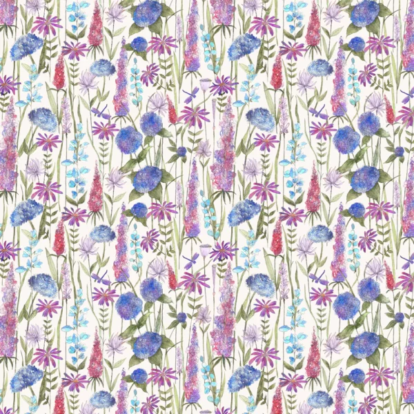 Florabunda Fabric - Bluebell Ecru by blue botanical printed fabric from Voyage Maison
