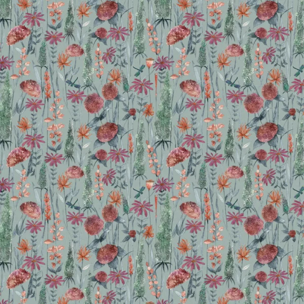 Florabunda Fabric - Cornflower by green botanical printed fabric from Voyage Maison