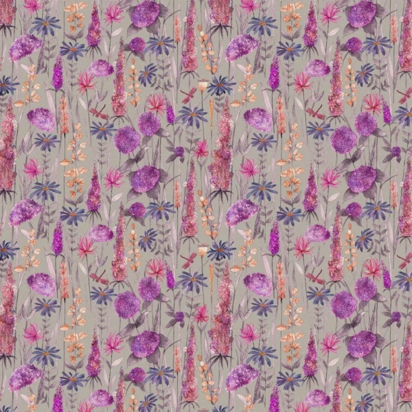 Florabunda Fabric - Fuschia by black-grey botanical printed fabric from Voyage Maison