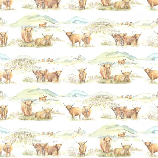Highland Cattle Fabric - Linen by green animal cotton fabric from Voyage Maison