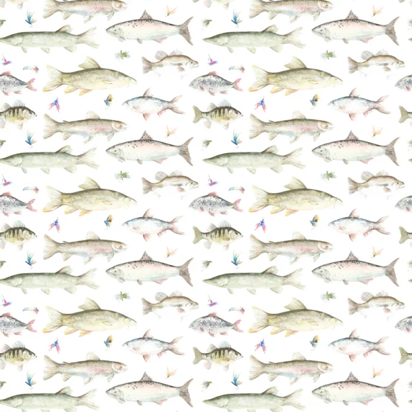 River Fish Large Fabric - Cream by multicolour animal cotton fabric from Voyage Maison