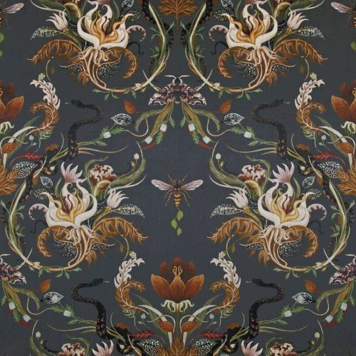 Serpentwined Fabric - Charcoal by black-grey animal velvet-chenille fabric from Utopia