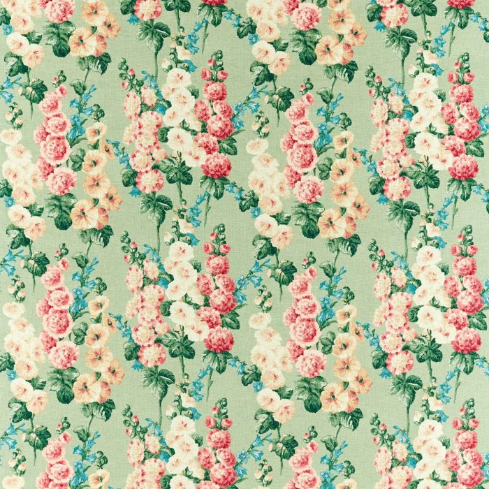 Hollyhocks Fabric - Sage / Rose swatch