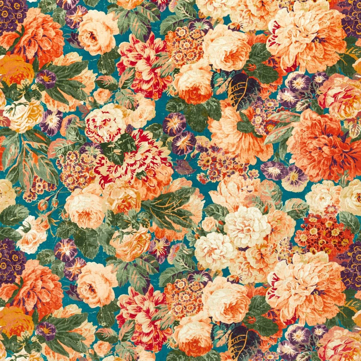 Very Rose and Peony Fabric - Kingfisher / Rowan Berry from