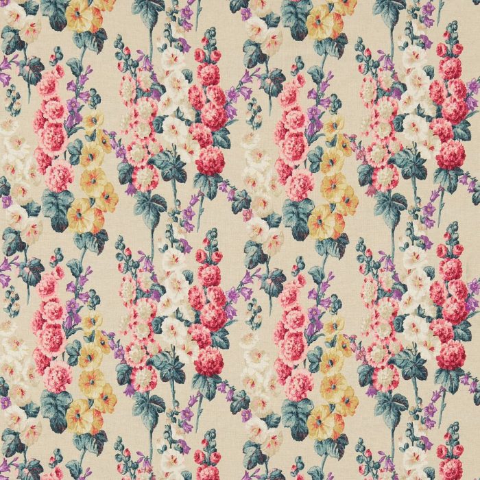 Hollyhocks Fabric - Petrol Blue / Multi swatch