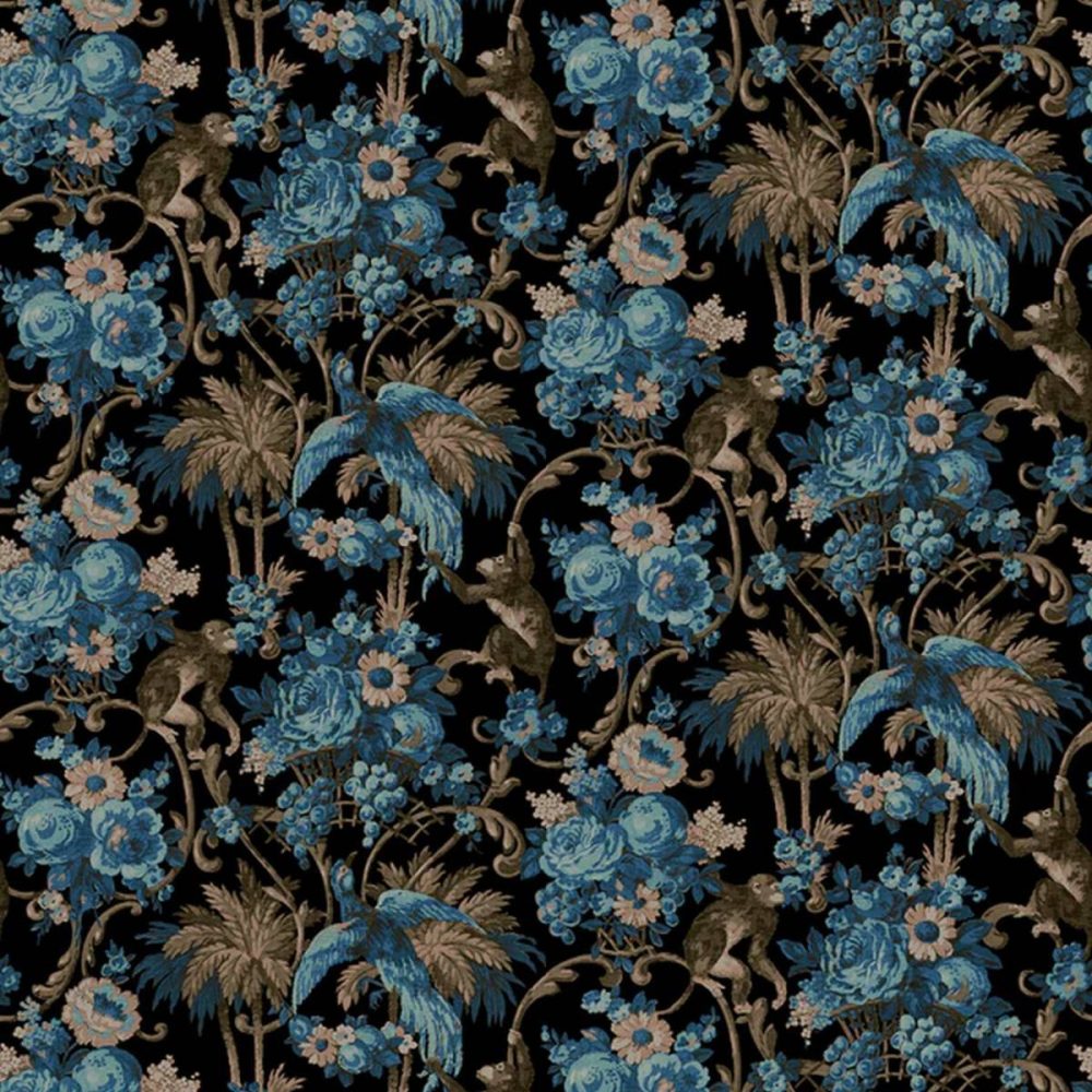 Monkey Puzzle Fabric - Black by blue botanical velvet-chenille fabric from Linwood Fabrics