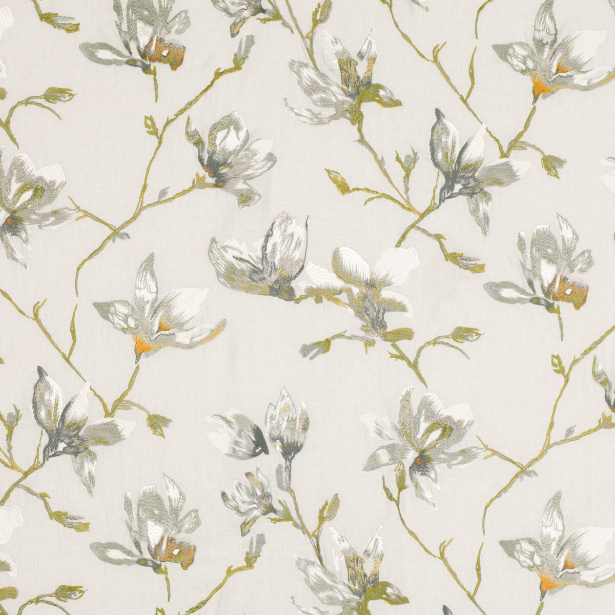 black-grey botanical embroideried fabric from Romo