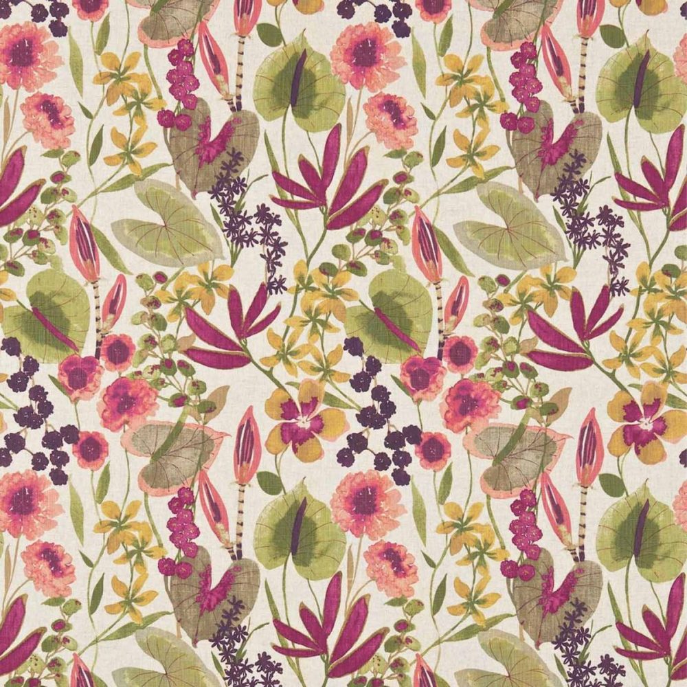 Nalina Fabric - Peach / Mango / Olive by purple botanical printed fabric from Harlequin