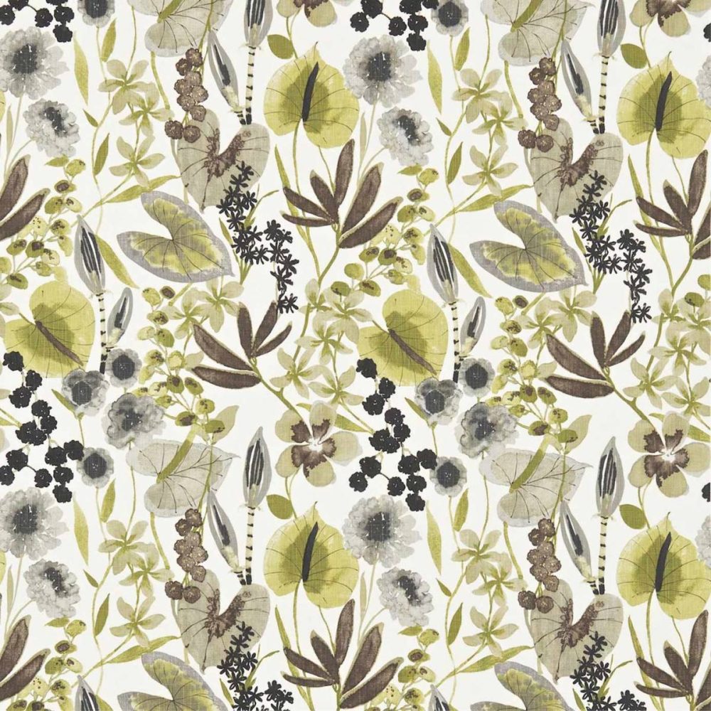 Nalina Fabric - Zest / Cocoa / Stone by black-grey botanical printed fabric from Harlequin