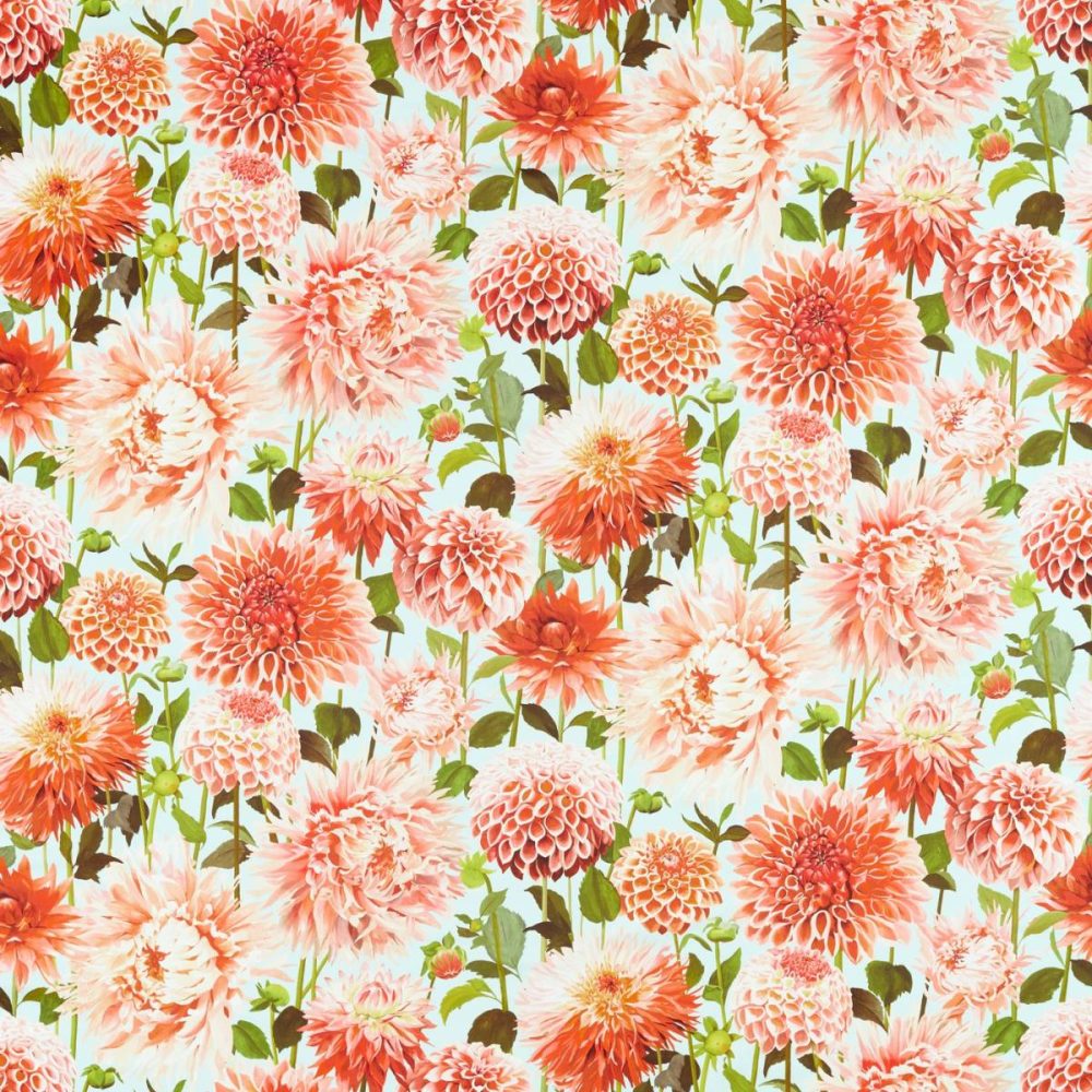 Dahlia Fabric - Coral / Fig Leaf / Sky by Dahlia Fabric - Coral / Fig Leaf / Sky from