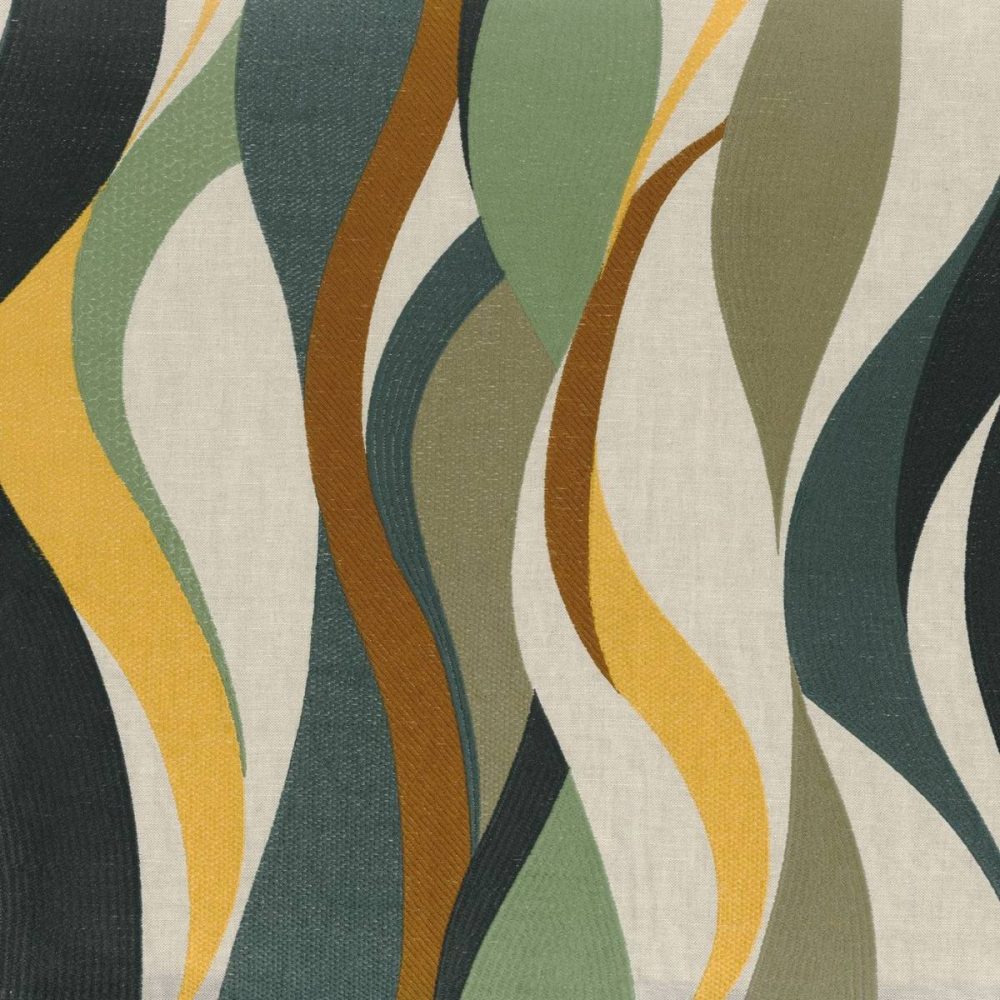 Ritournelle Fabric - Ocre / Vert Imperial by green contemporary embroideried fabric from Casamance