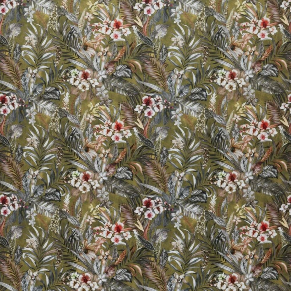 Kew Fabric - Olive by green botanical velvet-chenille fabric from Ashley Wilde
