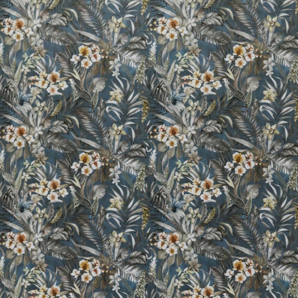 Kew Fabric - River by blue botanical velvet-chenille fabric from Ashley Wilde