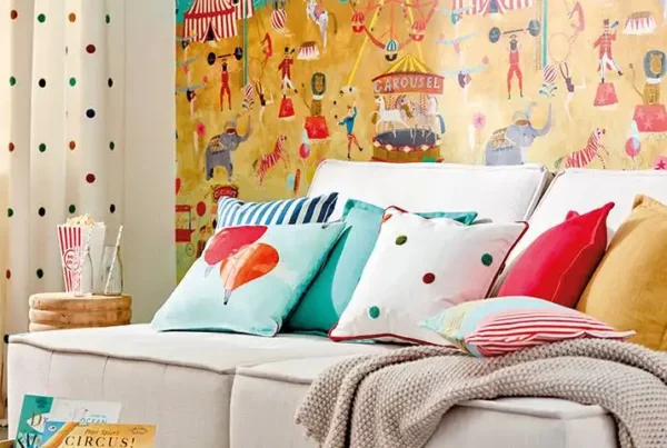 Go Go Retro Fabric - Strawberry / Sky Blue / Lemon / Natural from