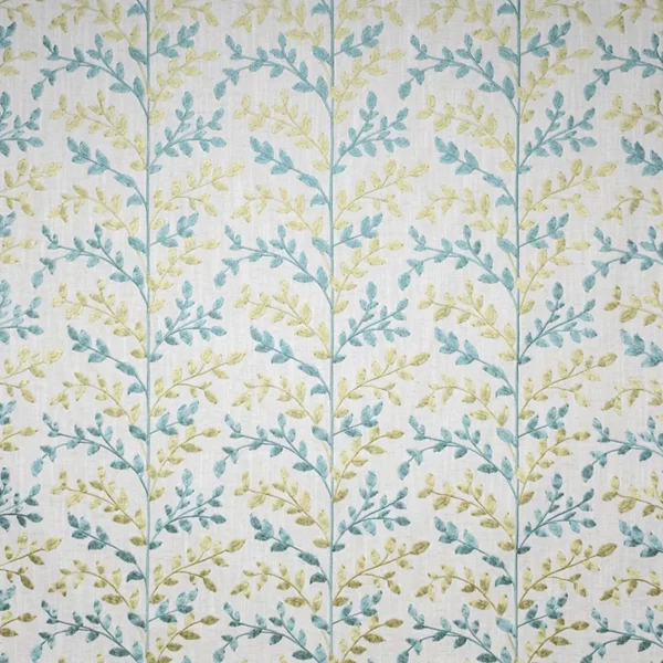 Zoe Fabric - Sky / Light Goldenrod by blue botanical embroideried fabric from Fibre Naturelle