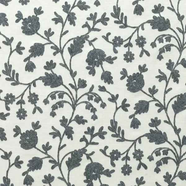 Lucca Fabric - Charcoal by black-grey botanical embroideried fabric from Fibre Naturelle