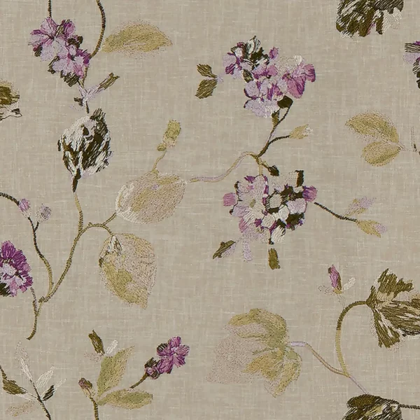 Cranborne Fabric - Amethyst by black-grey botanical embroideried fabric from Fibre Naturelle