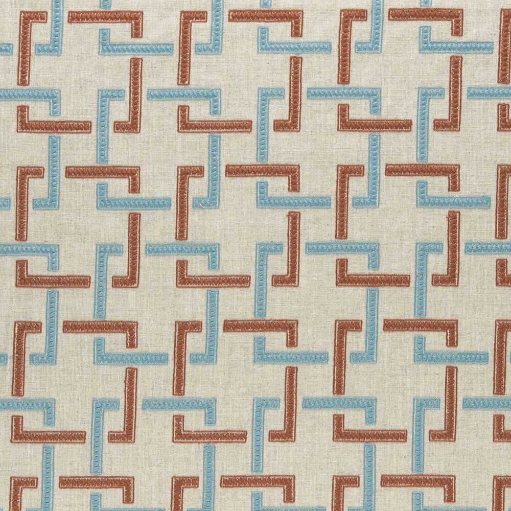 Sekai Fabric - Cinnabar / Aqua by blue geometric embroideried fabric from Clarke & Clarke