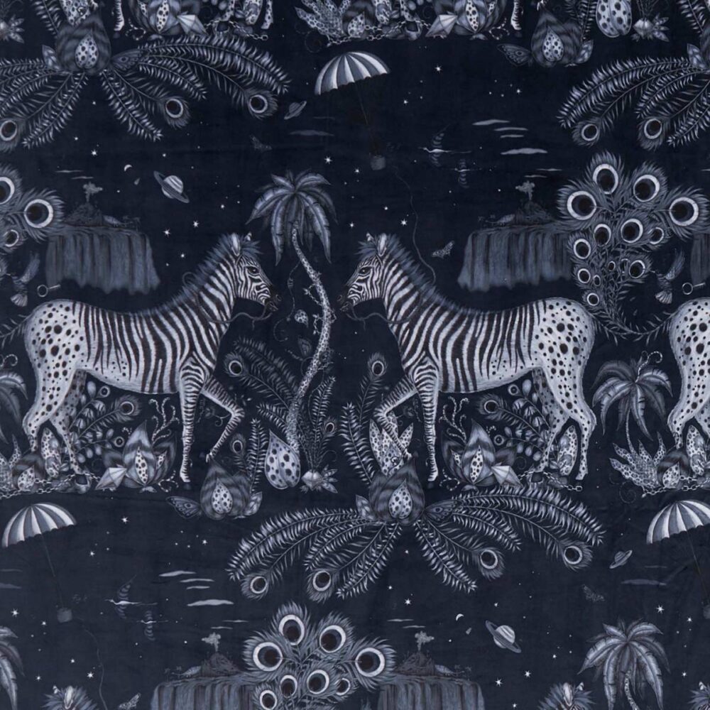 Lost World Velvet Fabric - Navy by blue animal velvet-chenille fabric from Emma Shipley