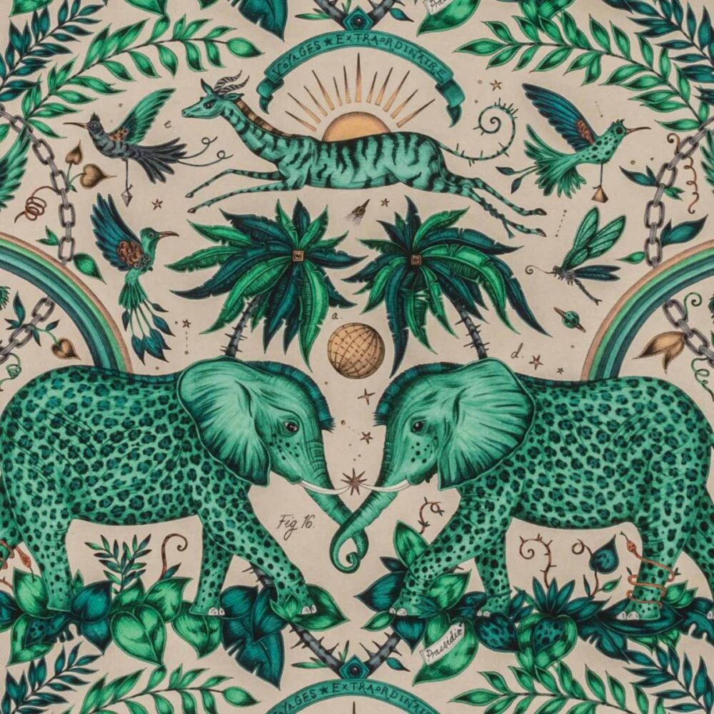 Zambezi Linen Fabric - Green by green animal linen fabric from Emma Shipley