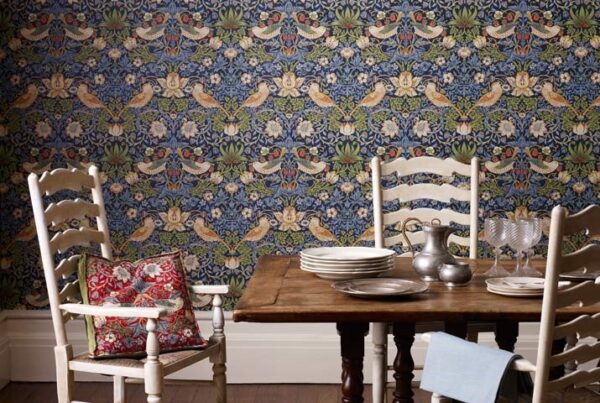 Strawberry Thief Wallpaper - Crimson / Slate by Strawberry Thief Wallpaper - Crimson / Slate from