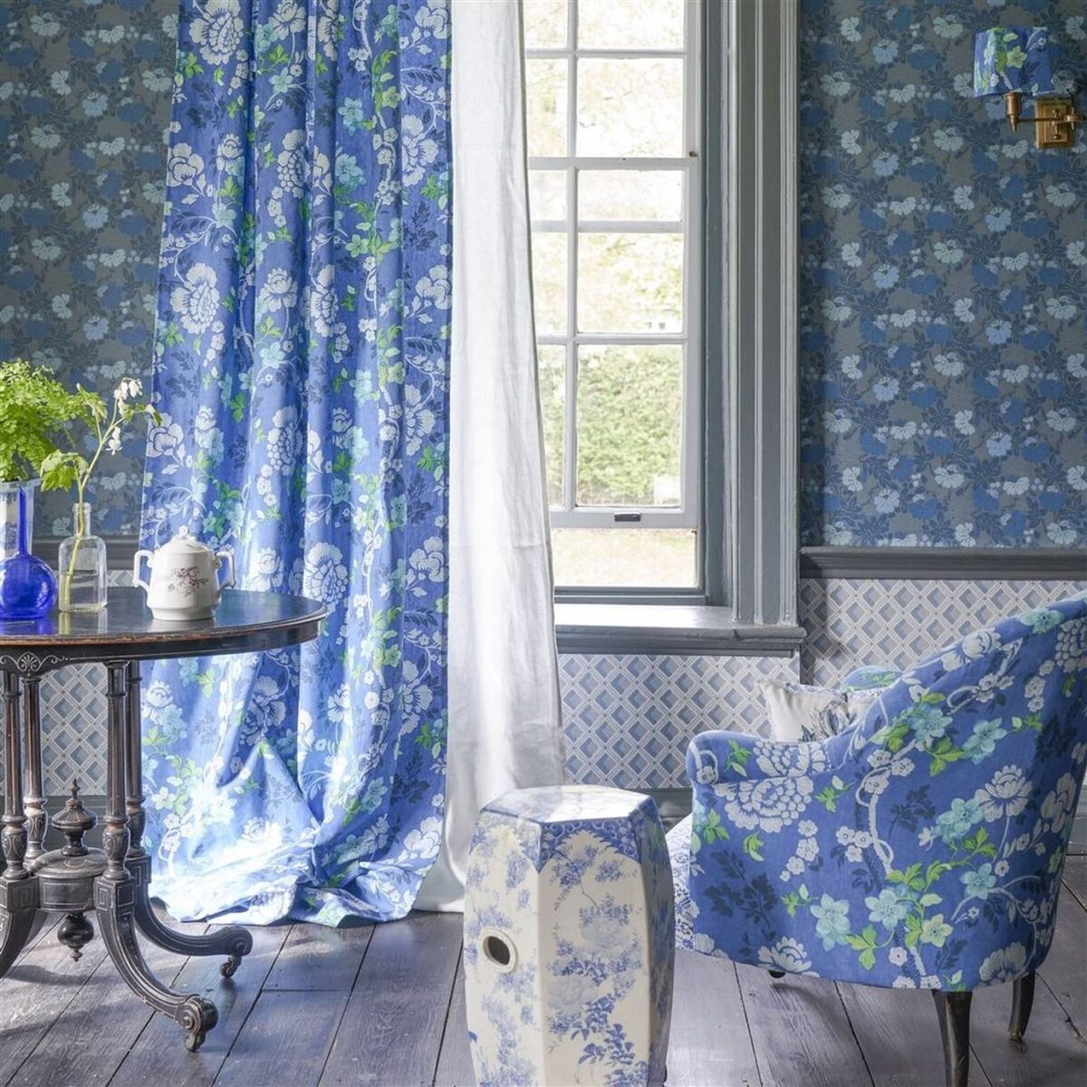 Eagle House Damask Fabric - Woad by Eagle House Damask Fabric - Woad from