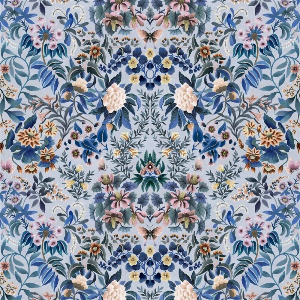 Ikebana Damask Fabric - Slate Blue by blue botanical cotton fabric from Designers Guild