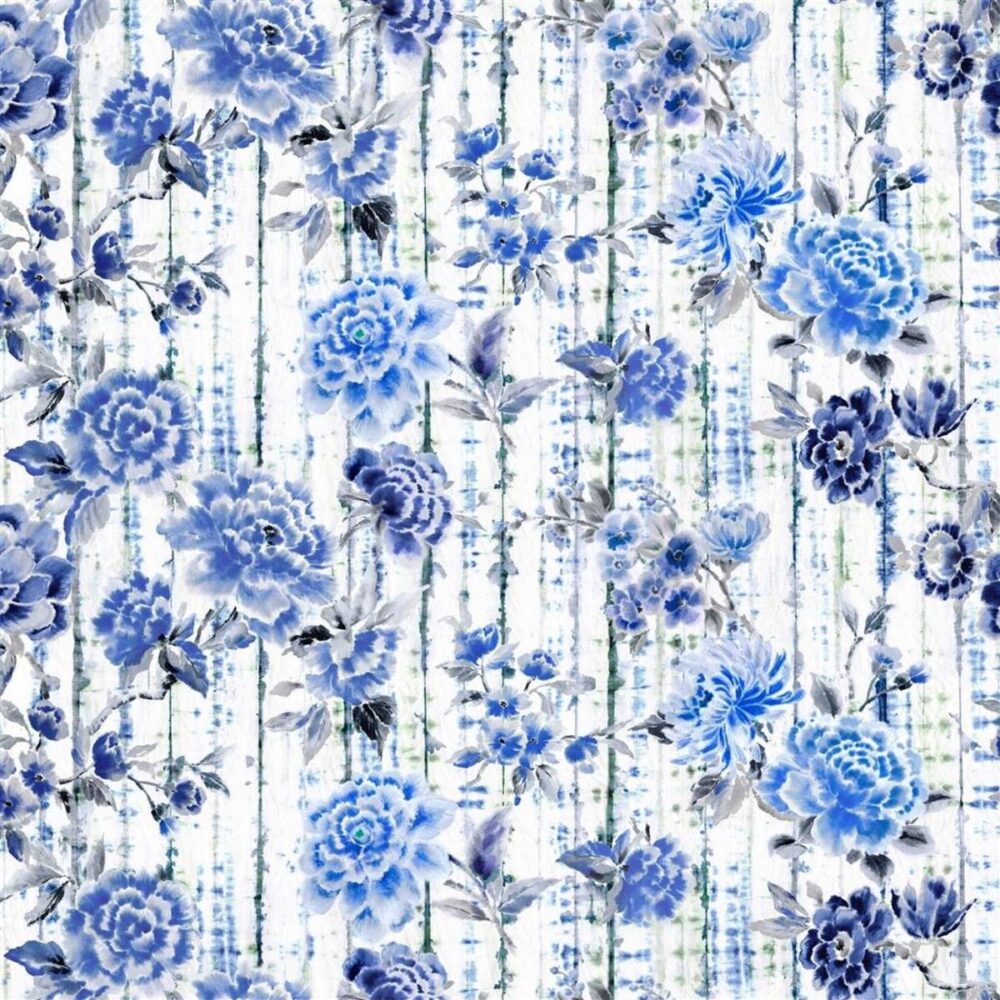 Kyoto Flower Fabric - Indigo by blue botanical cotton fabric from Designers Guild