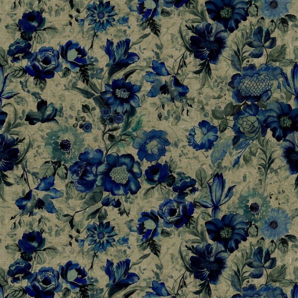 Hirigana Fabric - Indigo by blue botanical linen fabric from Designers Guild