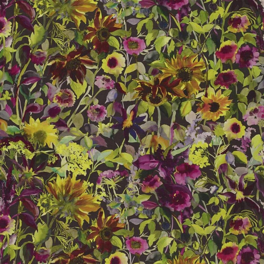 Indian Sunflower Fabric - Graphite by multicolour botanical linen fabric from Designers Guild