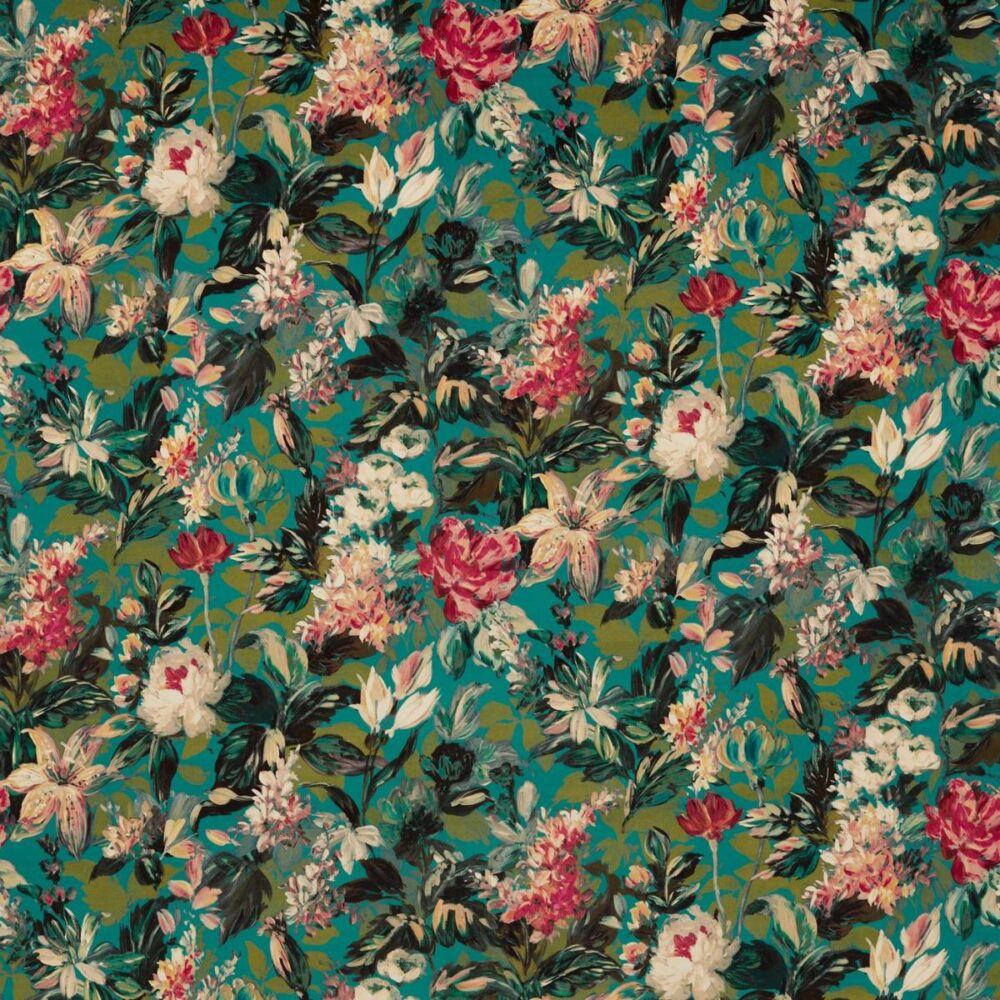 Lilum Fabric - Peacock by green botanical velvet-chenille fabric from Clarke & Clarke