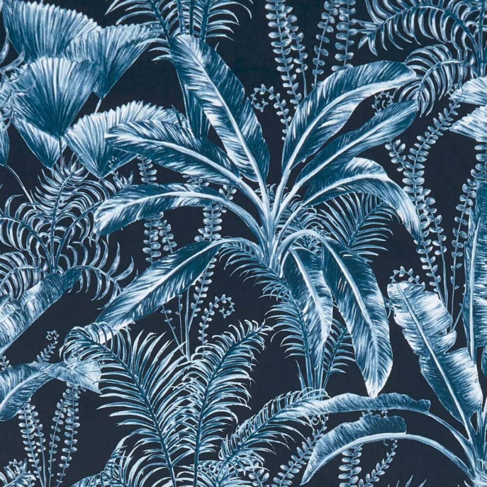 Majorelle Velvet Fabric - Midnight by black-grey botanical cotton fabric from Clarke & Clarke