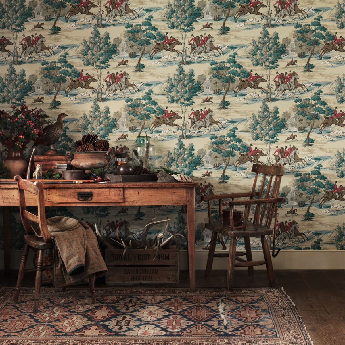 Tally Ho Wallpaper - Teal / Ruby from